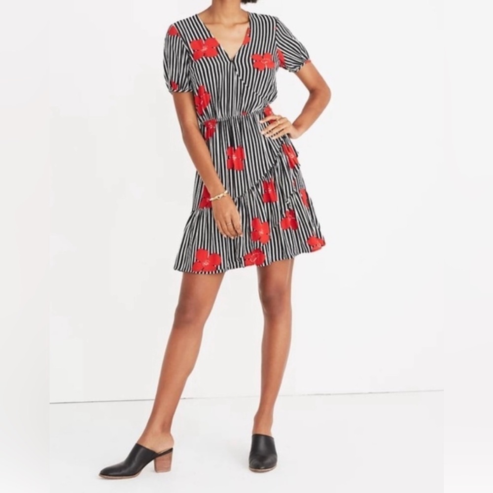 Madewell Black and White Striped Floral Print Faux Wrap Dress